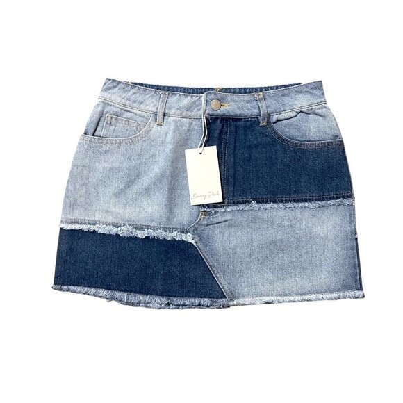 Emory Park Womens Denim Patchwork Mini Skirt Frayed Hem Blue Tones Size S NWT - Picture 1 of 5